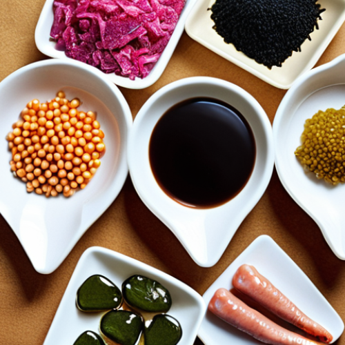 **Image Prompt 1:** A vibrant collage showcasing the versatility of industrial microorganisms. In the center, visualize traditional Japanese fermented foods like miso and soy sauce alongside modern applications such as pharmaceuticals produced via genetic engineering (e.g., insulin). Incorporate visual elements representing environmental bioremediation (e.g., oil-eating microbes cleaning up a spill) and bioplastics. Aim for a composition that balances tradition with cutting-edge biotechnology.