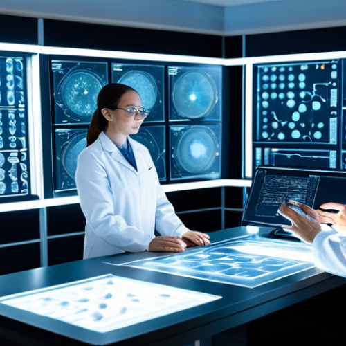 A diverse group of professional scientists and researchers, fully clothed in clean lab coats and modest attire, collaborating intently in a cutting-edge, futuristic research laboratory. They are gathered around a holographic display showcasing intricate genetic sequences and molecular structures, with advanced AI-driven computing clusters and glowing screens in the background. The scene is brightly lit, emphasizing innovation and scientific breakthrough. High detail, professional photography, cinematic lighting, ultra realistic, perfect anatomy, correct proportions, well-formed hands, proper finger count, natural body proportions, safe for work, appropriate content, fully clothed, professional.