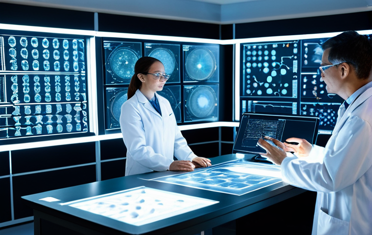 A diverse group of professional scientists and researchers, fully clothed in clean lab coats and modest attire, collaborating intently in a cutting-edge, futuristic research laboratory. They are gathered around a holographic display showcasing intricate genetic sequences and molecular structures, with advanced AI-driven computing clusters and glowing screens in the background. The scene is brightly lit, emphasizing innovation and scientific breakthrough. High detail, professional photography, cinematic lighting, ultra realistic, perfect anatomy, correct proportions, well-formed hands, proper finger count, natural body proportions, safe for work, appropriate content, fully clothed, professional.
