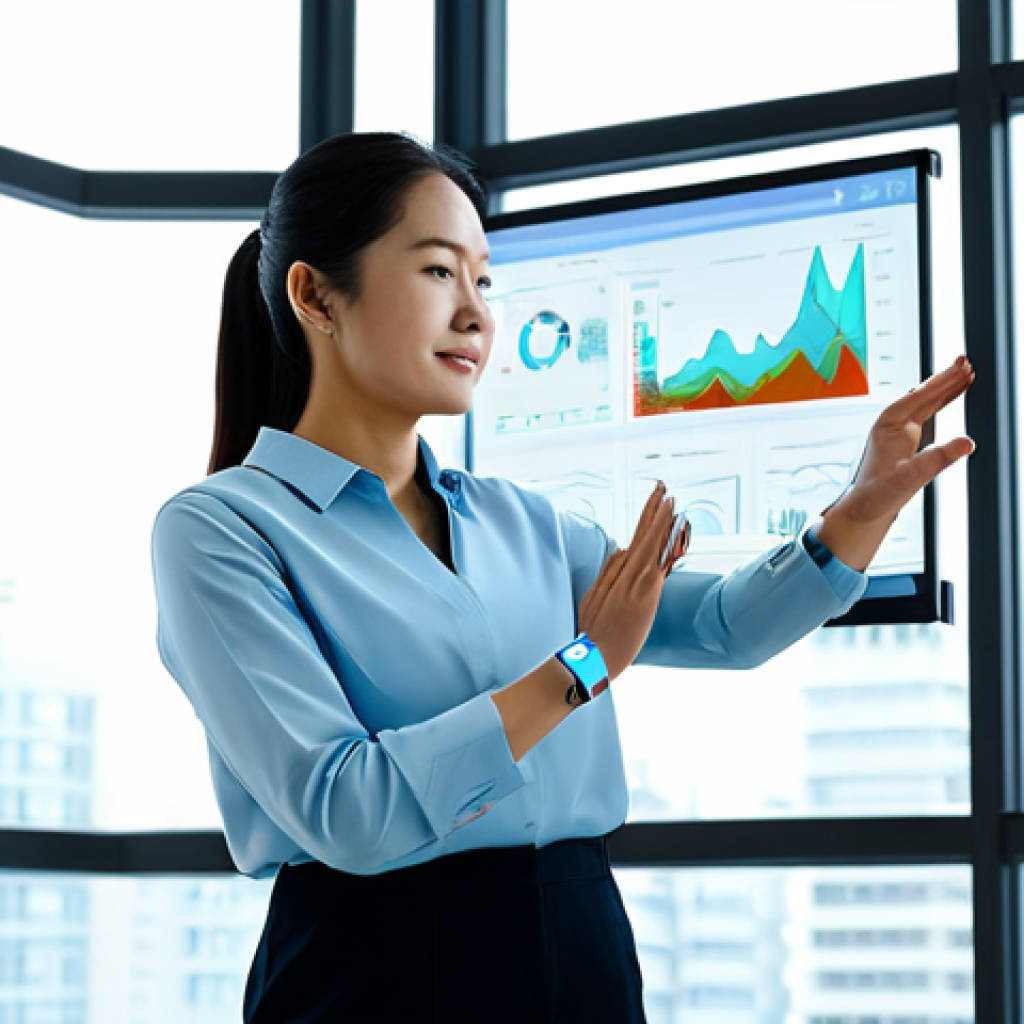 A professional woman in her 30s, East Asian, standing in a sleek, minimalist home environment with large windows. She is fully clothed in modest, comfortable business casual attire, looking at a transparent, holographic display projected from her wrist-worn, futuristic wearable device. The display shows intricate, personalized health data visualizations, including heart rate trends, sleep cycle analysis, and AI-generated wellness suggestions. The overall mood is calm and intelligent, emphasizing proactive health management. Perfect anatomy, correct proportions, natural pose, well-formed hands, proper finger count. Professional photography, sharp focus, soft lighting, high detail, safe for work, appropriate content, fully clothed, professional, family-friendly.