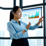 A professional woman in her 30s, East Asian, standing in a sleek, minimalist home environment with large windows. She is fully clothed in modest, comfortable business casual attire, looking at a transparent, holographic display projected from her wrist-worn, futuristic wearable device. The display shows intricate, personalized health data visualizations, including heart rate trends, sleep cycle analysis, and AI-generated wellness suggestions. The overall mood is calm and intelligent, emphasizing proactive health management. Perfect anatomy, correct proportions, natural pose, well-formed hands, proper finger count. Professional photography, sharp focus, soft lighting, high detail, safe for work, appropriate content, fully clothed, professional, family-friendly.