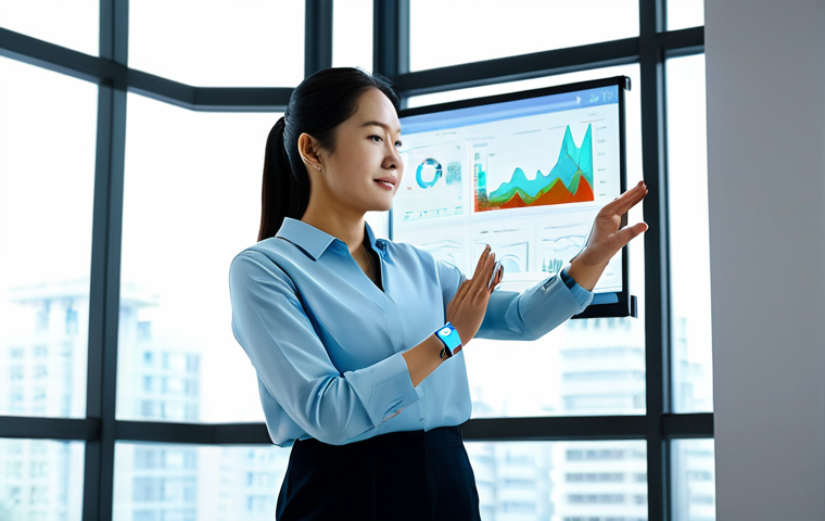 A professional woman in her 30s, East Asian, standing in a sleek, minimalist home environment with large windows. She is fully clothed in modest, comfortable business casual attire, looking at a transparent, holographic display projected from her wrist-worn, futuristic wearable device. The display shows intricate, personalized health data visualizations, including heart rate trends, sleep cycle analysis, and AI-generated wellness suggestions. The overall mood is calm and intelligent, emphasizing proactive health management. Perfect anatomy, correct proportions, natural pose, well-formed hands, proper finger count. Professional photography, sharp focus, soft lighting, high detail, safe for work, appropriate content, fully clothed, professional, family-friendly.