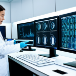 A team of professional research scientists in pristine white lab coats, fully clothed and in appropriate attire, collaboratively working in a state-of-the-art, sterile laboratory. One scientist is intently gazing at a holographic display showcasing intricate molecular structures and vivid genetic data visualizations, while another observes results from an advanced AI-powered drug screening system. The laboratory features sleek, ergonomic equipment, gleaming surfaces, and large monitors displaying complex analytical graphs. The atmosphere is highly innovative, focused, and clean. safe for work, appropriate content, professional, perfect anatomy, correct proportions, natural pose, well-formed hands, proper finger count, natural body proportions, high-resolution, sharp focus, cinematic lighting.