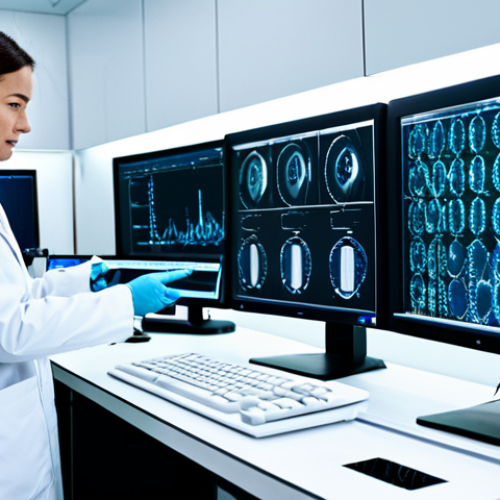 A team of professional research scientists in pristine white lab coats, fully clothed and in appropriate attire, collaboratively working in a state-of-the-art, sterile laboratory. One scientist is intently gazing at a holographic display showcasing intricate molecular structures and vivid genetic data visualizations, while another observes results from an advanced AI-powered drug screening system. The laboratory features sleek, ergonomic equipment, gleaming surfaces, and large monitors displaying complex analytical graphs. The atmosphere is highly innovative, focused, and clean. safe for work, appropriate content, professional, perfect anatomy, correct proportions, natural pose, well-formed hands, proper finger count, natural body proportions, high-resolution, sharp focus, cinematic lighting.