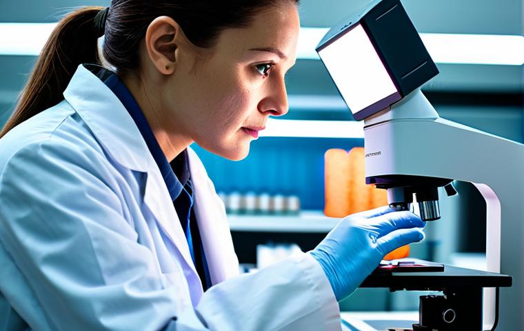 나노 의학 - **

"A researcher in a clean lab coat, examining glowing nanoparticles under a microscope, focused o...