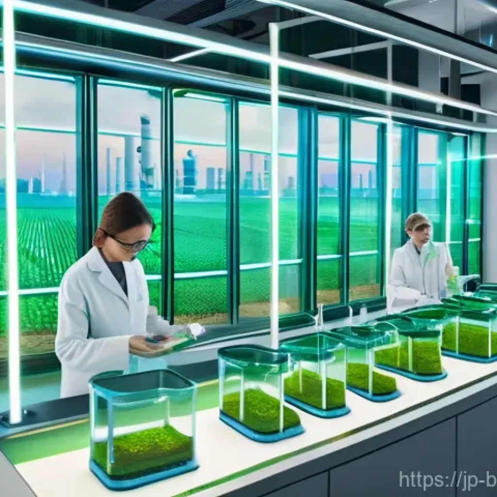 바이오 리파이너리 기술 - **Prompt 1: The Alchemy of Biorefinery**
"A bright, futuristic laboratory scene bathed in soft, ...