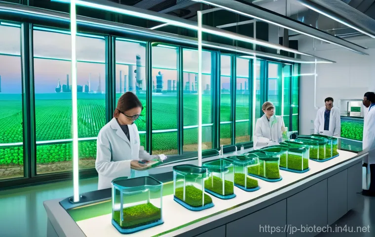 바이오 리파이너리 기술 - **Prompt 1: The Alchemy of Biorefinery**
    "A bright, futuristic laboratory scene bathed in soft, ...