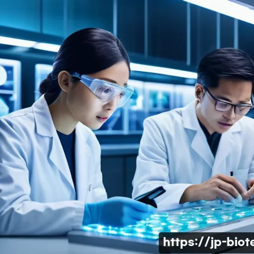 바이오 기술 트렌드 - A futuristic laboratory scene showcasing advanced CRISPR-Cas9 gene editing technology in action, fea...