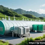 미생물 기반 바이오 연료 - A futuristic biogas fermentation facility in a rural Japanese setting, showcasing anaerobic bacteria...