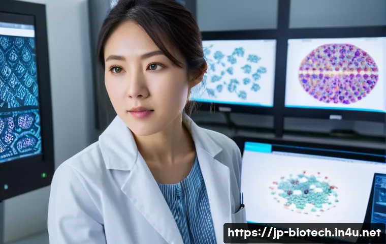 단백질 데이터베이스 - A highly detailed scientific laboratory scene focused on advanced protein structure analysis: a fema...