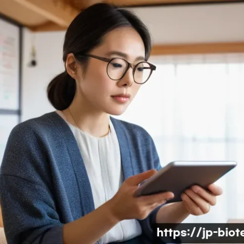 유전자 분석 키트 - A modern Japanese woman in her 30s thoughtfully examining a digital tablet displaying colorful genet...