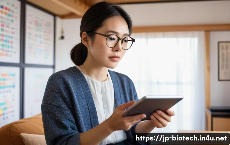 유전자 분석 키트 - A modern Japanese woman in her 30s thoughtfully examining a digital tablet displaying colorful genet...