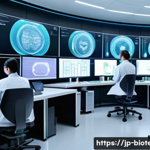 바이오안전성 국제 규제 - A detailed futuristic laboratory scene showcasing scientists analyzing genetic data on multiple holo...