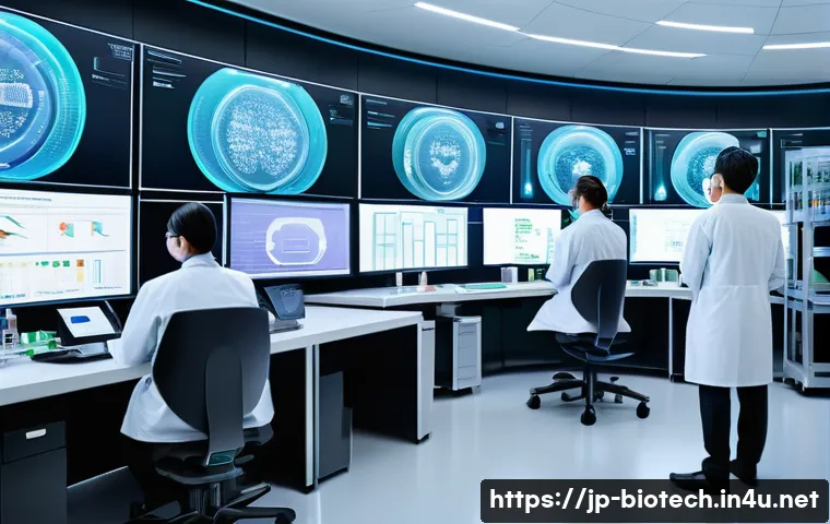 바이오안전성 국제 규제 - A detailed futuristic laboratory scene showcasing scientists analyzing genetic data on multiple holo...