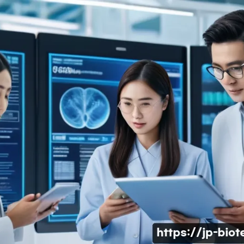 AI 기반 유전자 분석 - A modern genetic testing laboratory scene featuring a diverse group of Japanese adults in casual sma...