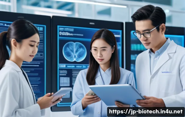 AI 기반 유전자 분석 - A modern genetic testing laboratory scene featuring a diverse group of Japanese adults in casual sma...