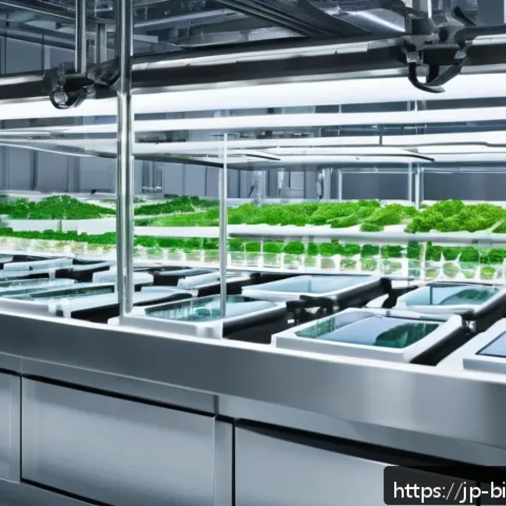 바이오 물질 생산 - A futuristic eco-friendly manufacturing facility interior showcasing advanced microbial fermentation...