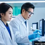 바이오마커 분석 - A modern medical laboratory scene showing a diverse group of healthcare professionals&mdash;Japanese docto...
