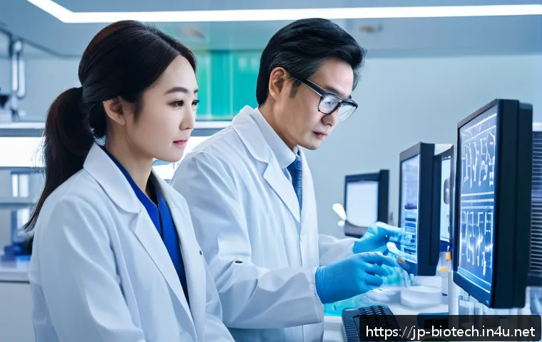 바이오마커 분석 - A modern medical laboratory scene showing a diverse group of healthcare professionals&mdash;Japanese docto...