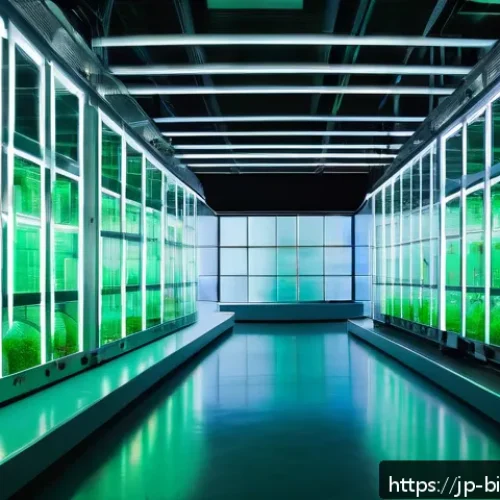 바이오 연료 - A futuristic large-scale biofuel research facility in Japan, showcasing massive transparent bioreact...