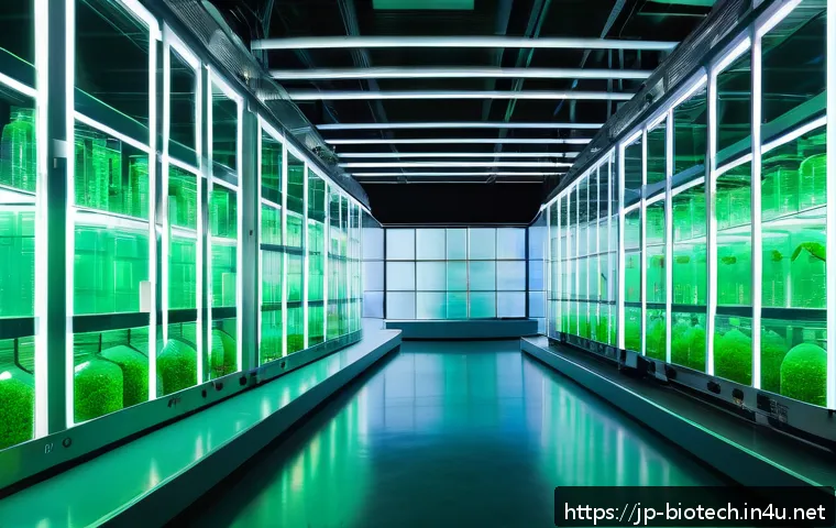 바이오 연료 - A futuristic large-scale biofuel research facility in Japan, showcasing massive transparent bioreact...