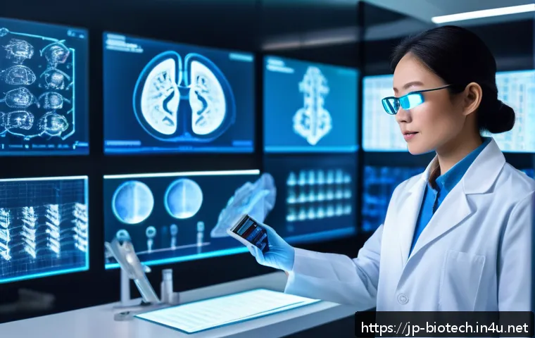 바이오산업 혁신 - A futuristic medical laboratory scene showcasing personalized medicine: a diverse Japanese doctor an...