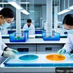 세포 배양 기술 발전 - A highly detailed laboratory scene showcasing cutting-edge cell culture using hybrid biomaterials co...