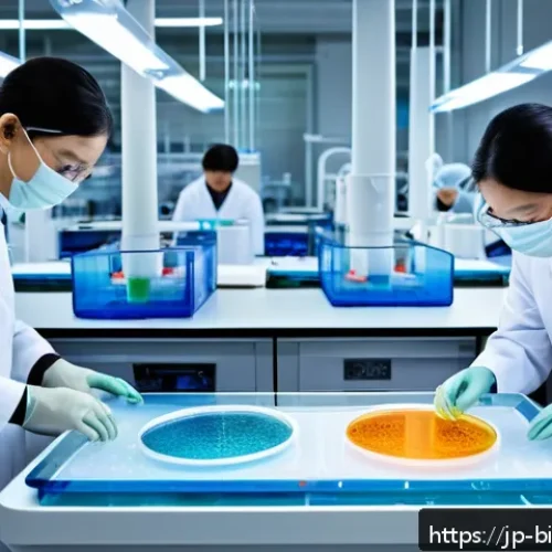 세포 배양 기술 발전 - A highly detailed laboratory scene showcasing cutting-edge cell culture using hybrid biomaterials co...