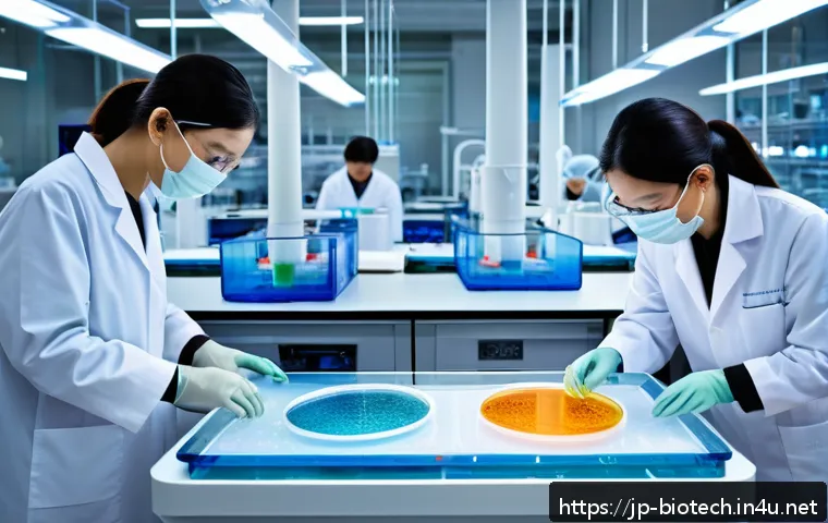세포 배양 기술 발전 - A highly detailed laboratory scene showcasing cutting-edge cell culture using hybrid biomaterials co...
