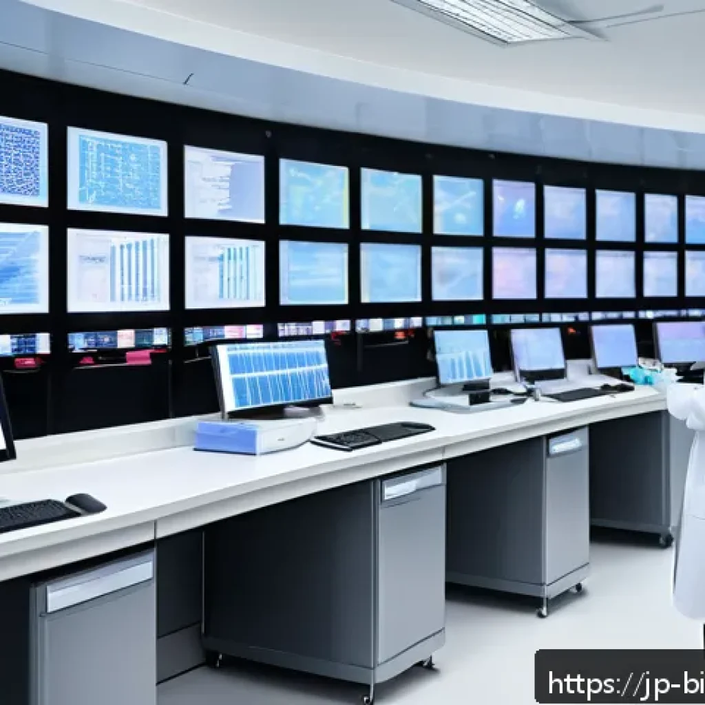 혈액 검사 기술 - A modern clinical laboratory setting with advanced AI-powered blood analysis machines displaying col...