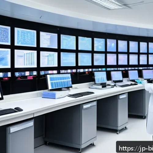 혈액 검사 기술 - A modern clinical laboratory setting with advanced AI-powered blood analysis machines displaying col...