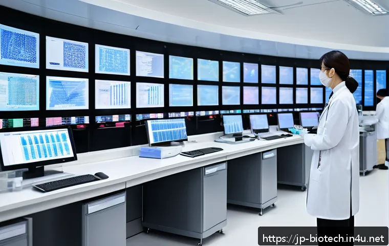 혈액 검사 기술 - A modern clinical laboratory setting with advanced AI-powered blood analysis machines displaying col...