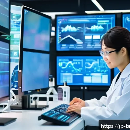 제약회사와 바이오테크 회사 차이 - A modern pharmaceutical research laboratory scene in Japan, showcasing scientists in white lab coats...