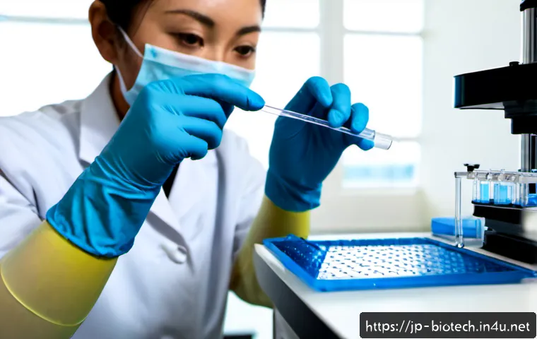 재조합 DNA 기술 - Photorealistic molecular biology laboratory, gloved scientist carefully using a micropipette to tran...