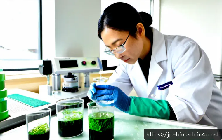 미생물 기반 청정기술 - Photorealistic modern Japanese environmental laboratory, a scientist in clean white lab coat and saf...