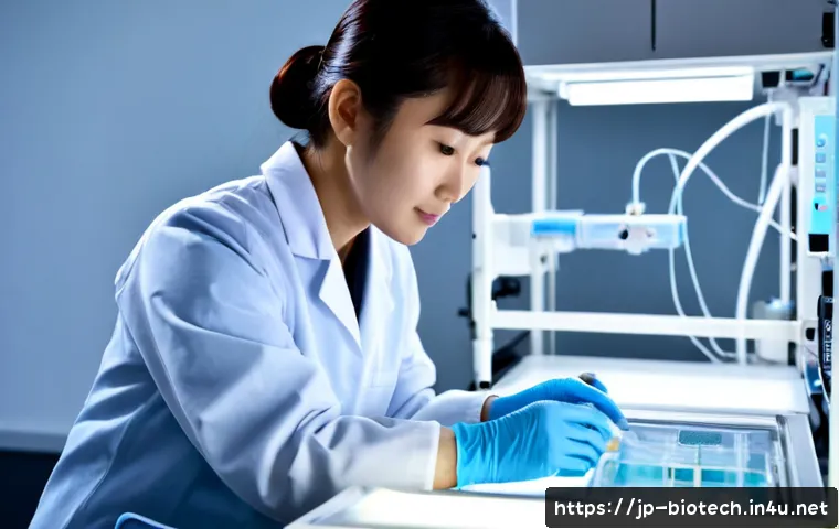 바이오 프린팅 - Photorealistic biomedical laboratory scene, a Japanese research scientist in clean lab attire carefu...